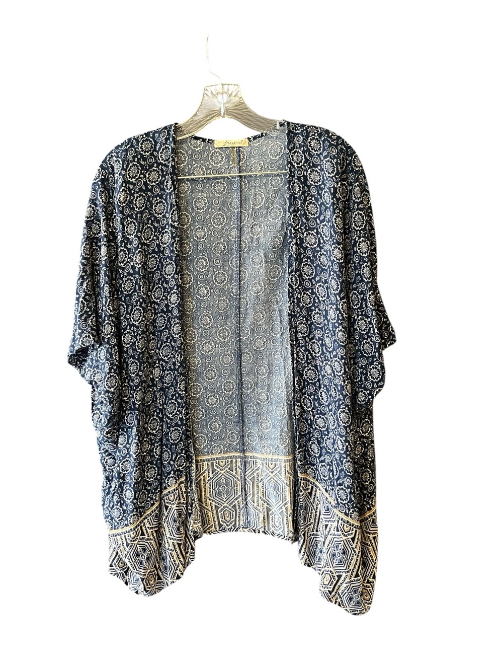 Freebird Kimono Cardigan Women’s S Blue Ivory Boho Floral Open Front oversized